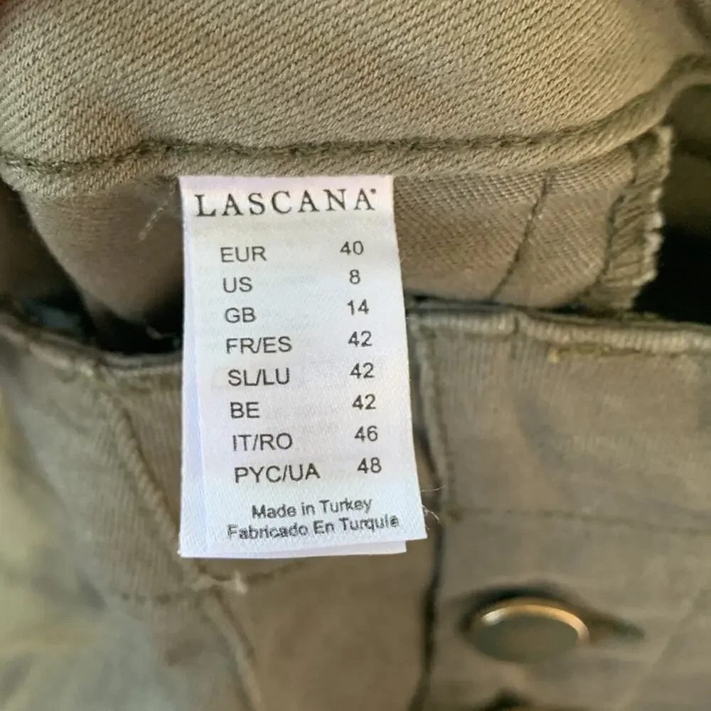 Lascana High Waist Green Stretch Khaki Gold Button Pants sz 8